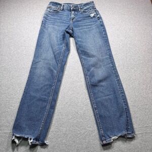 American Eagle Womens Size 0 Blue Distressed Straight Leg Jeans Raw Hem Stretch